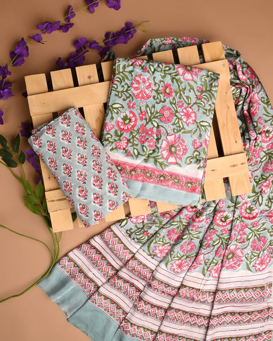 FLORAL BLUE - 3pc Sanganeri Block Printed Cupro Modal Unstitched Suit Material with Modal Dupatta