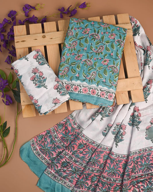 LIGHT BLUE - 3pc Sanganeri Block Printed Cupro Modal Unstitched Suit Material with Modal Dupatta