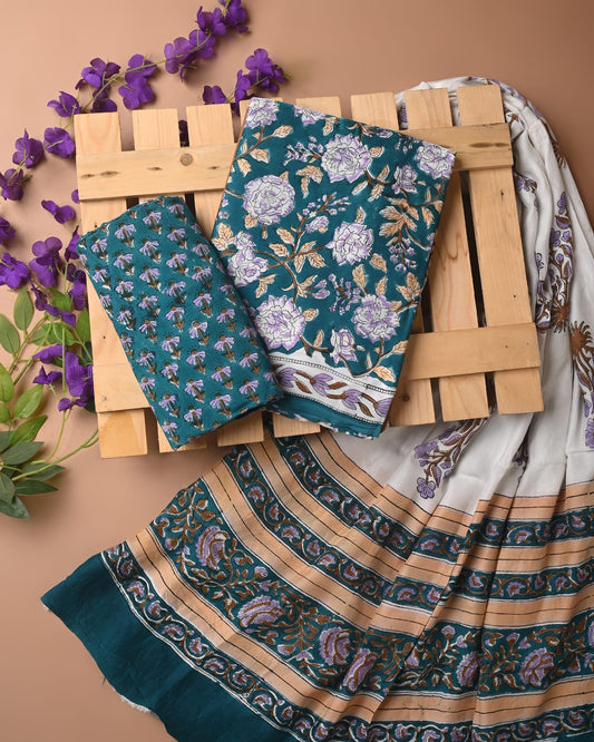 RAMA  - 3pc Sanganeri Block Printed Cupro Modal Unstitched Suit Material with Modal Dupatta