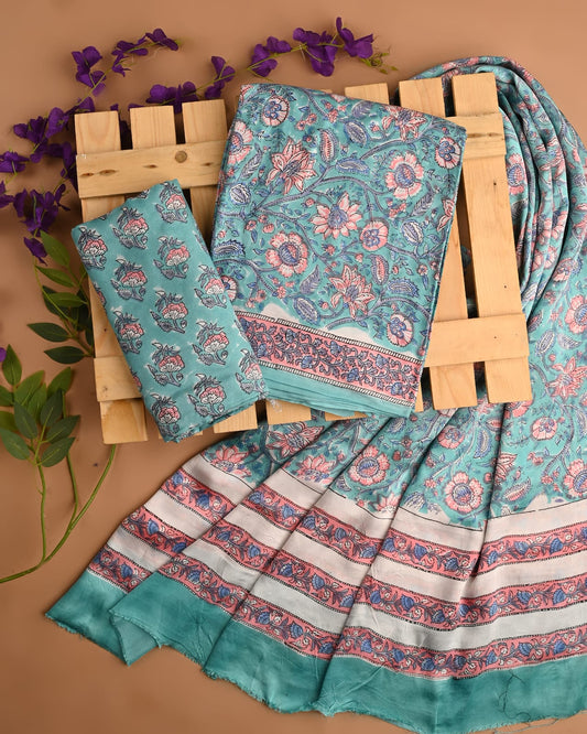 SEA GREEN - 3pc Sanganeri Block Printed Cupro Modal Unstitched Suit Material with Modal Dupatta