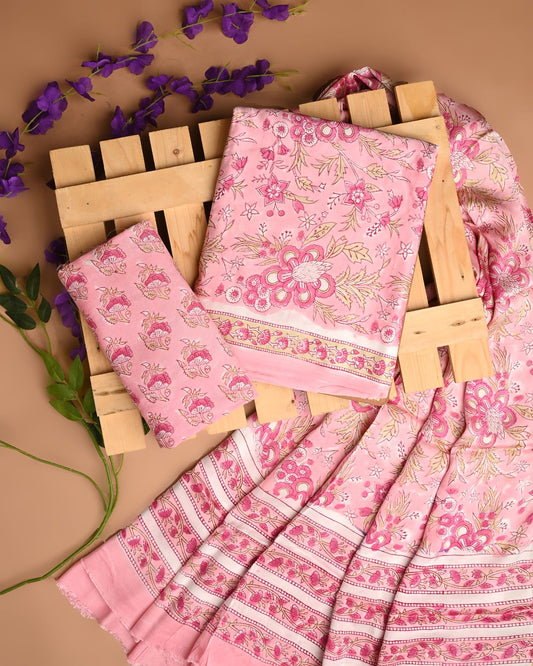 LIGHT PINK - 3pc Sanganeri Block Printed Cupro Modal Unstitched Suit Material with Modal Dupatta