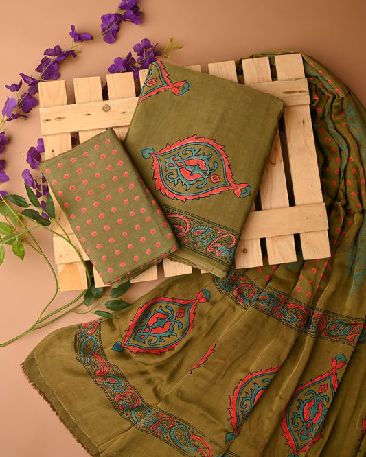 MEHENDI - 3pc Sanganeri Block Printed Cupro Modal Unstitched Suit Material with Modal Dupatta