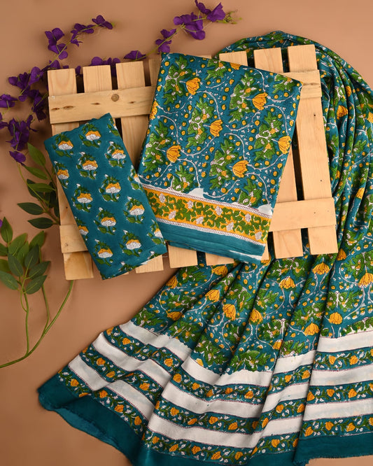 DARK GREEN - 3pc Sanganeri Block Printed Cupro Modal Unstitched Suit Material with Modal Dupatta