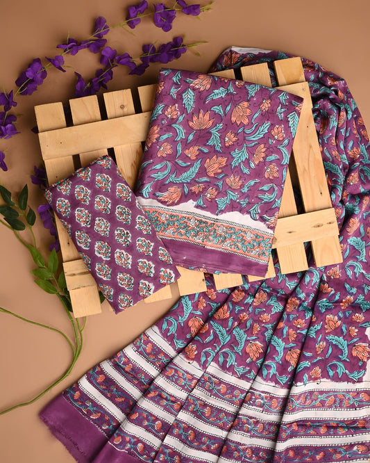 MAJENTA - 3pc Sanganeri Block Printed Cupro Modal Unstitched Suit Material with Modal Dupatta