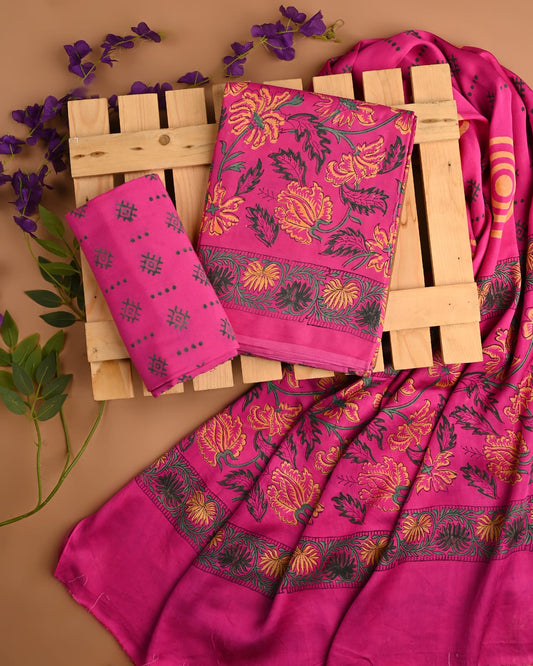 PINK - 3pc Sanganeri Block Printed Cupro Modal Unstitched Suit Material with Modal Dupatta