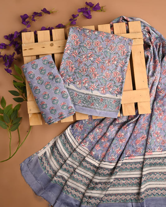 LIGHT PURPLE  - 3pc Sanganeri Block Printed Cupro Modal Unstitched Suit Material with Modal Dupatta
