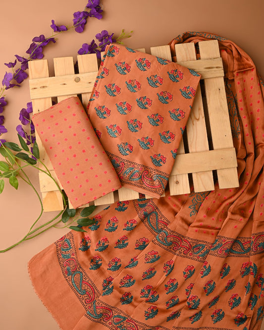 PEACH - 3pc Sanganeri Block Printed Cupro Modal Unstitched Suit Material with Modal Dupatta
