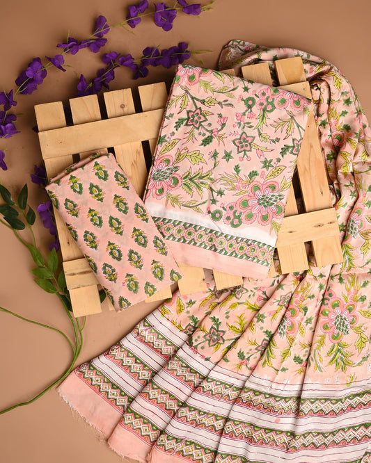 BEIGE - 3pc Sanganeri Block Printed Cupro Modal Unstitched Suit Material with Modal Dupatta