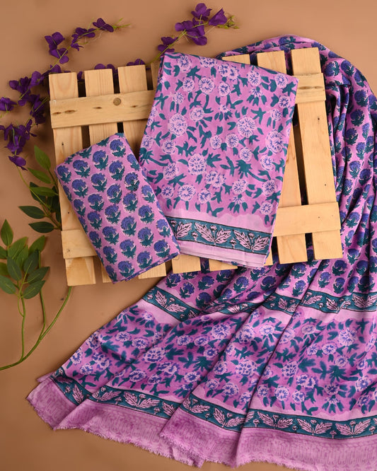 PURPLE - 3pc Sanganeri Block Printed Cupro Modal Unstitched Suit Material with Modal Dupatta
