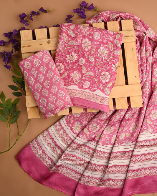 PINK - 3pc Sanganeri Block Printed Cupro Modal Unstitched Suit Material with Modal Dupatta