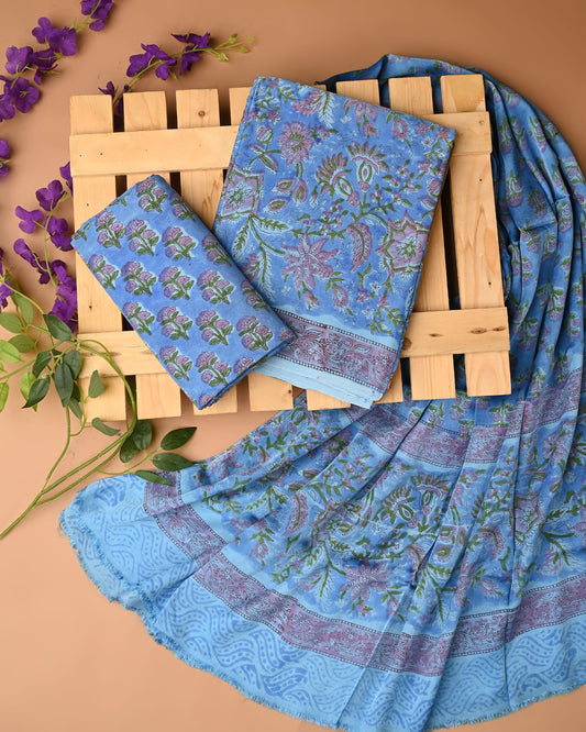 POWDER BLUE - 3pc Sanganeri Block Printed Cupro Modal Unstitched Suit Material with Modal Dupatta