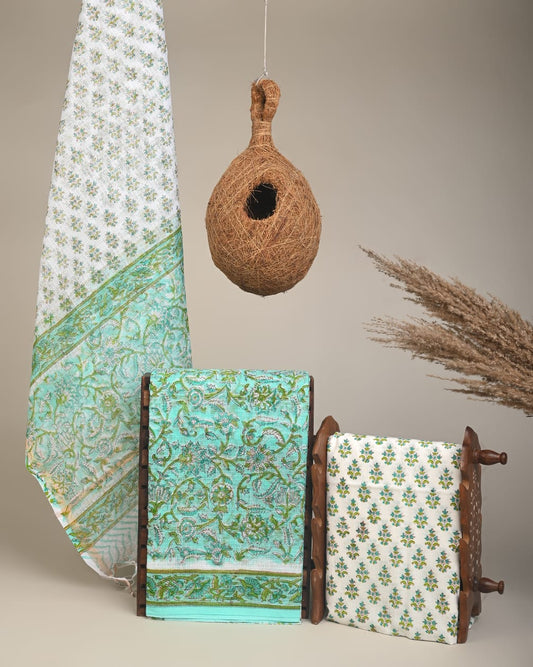 SEA GREEN - 3pc Sanganeri Block Printed Cotton Unstitched Suit Material with Kota Doria Dupatta