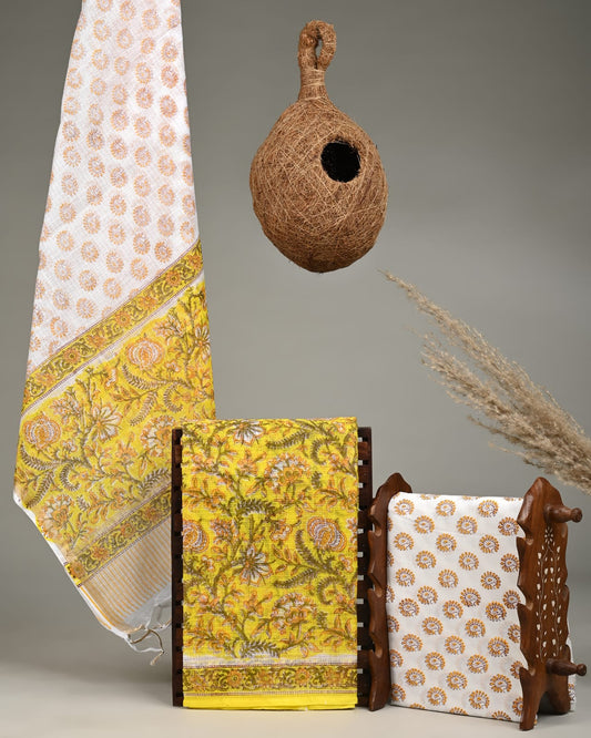 YELLOW - 3pc Sanganeri Block Printed Cotton Unstitched Suit Material with Kota Doria Dupatta