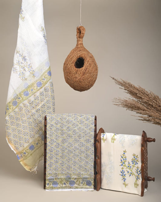 LIGHT OLIVE - 3pc Sanganeri Block Printed Cotton Unstitched Suit Material with Kota Doria Dupatta