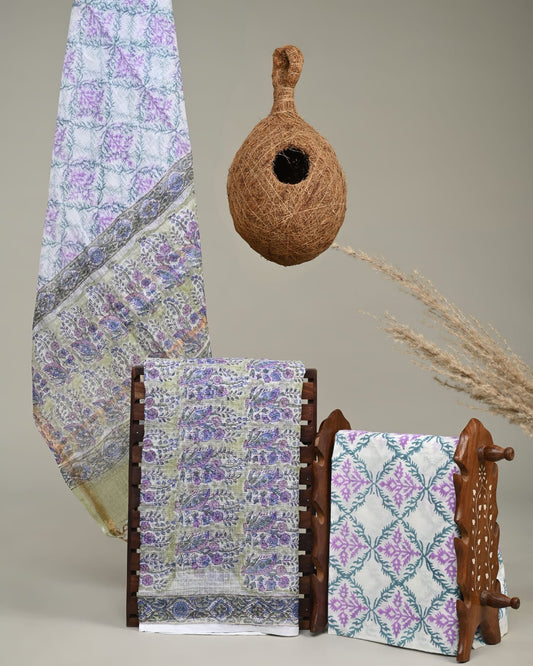 WHITE BLUE - 3pc Sanganeri Block Printed Cotton Unstitched Suit Material with Kota Doria Dupatta