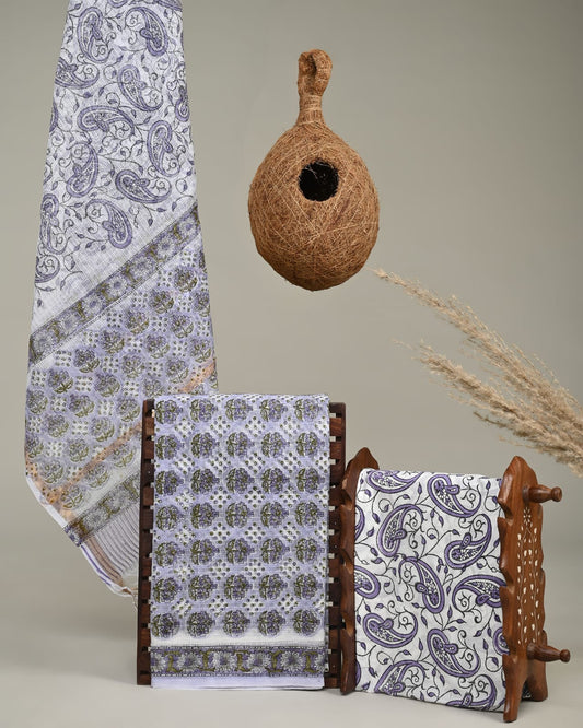 WHITE - 3pc Sanganeri Block Printed Cotton Unstitched Suit Material with Kota Doria Dupatta