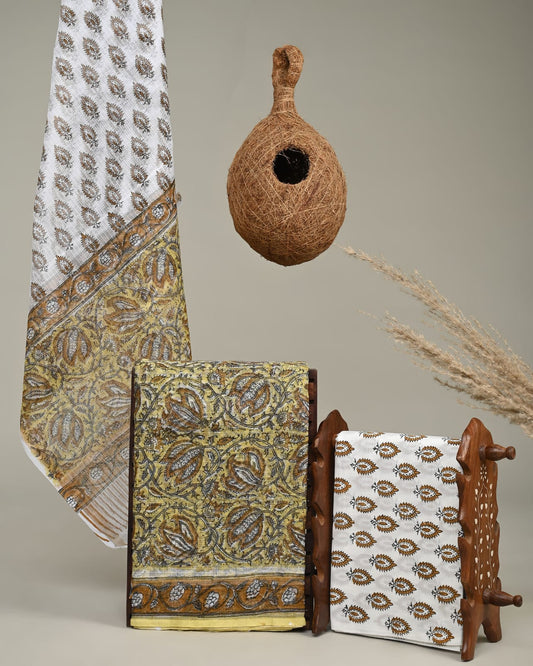 YELLOW - 3pc Sanganeri Block Printed Cotton Unstitched Suit Material with Kota Doria Dupatta