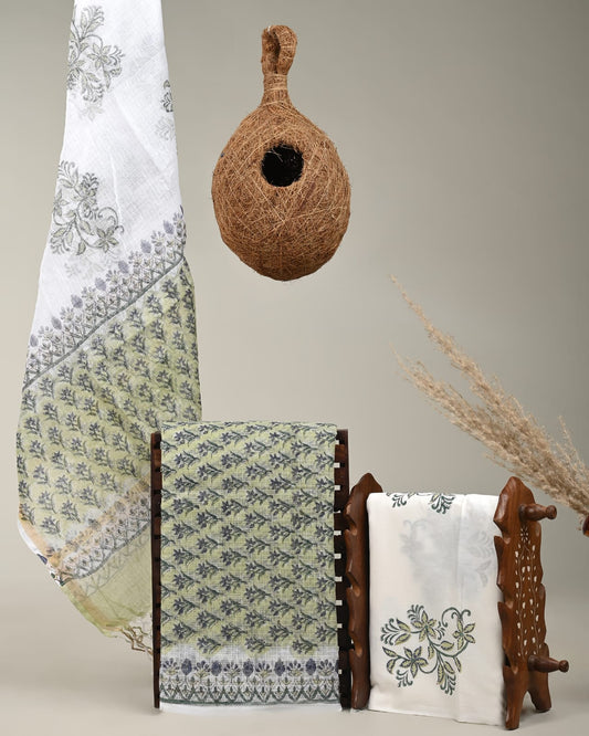 GREEN - 3pc Sanganeri Block Printed Cotton Unstitched Suit Material with Kota Doria Dupatta