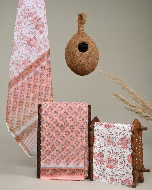 PEACH - 3pc Sanganeri Block Printed Cotton Unstitched Suit Material with Kota Doria Dupatta