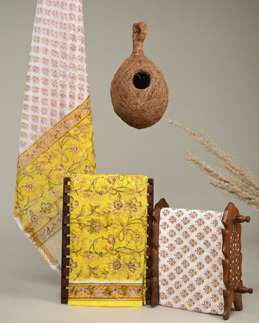 YELLOW - 3pc Sanganeri Block Printed Cotton Unstitched Suit Material with Kota Doria Dupatta