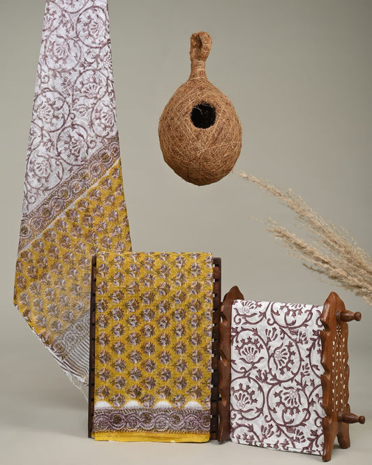 MUSTARD - 3pc Sanganeri Block Printed Cotton Unstitched Suit Material with Kota Doria Dupatta