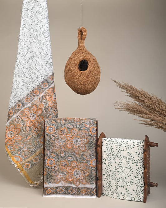 BROWN - 3pc Sanganeri Block Printed Cotton Unstitched Suit Material with Kota Doria Dupatta