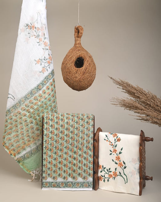 PISTA GREEN - 3pc Sanganeri Block Printed Cotton Unstitched Suit Material with Kota Doria Dupatta