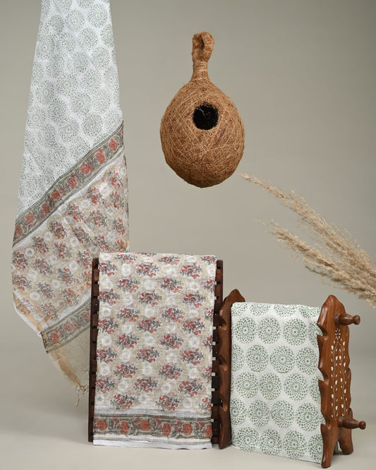 CREAM - 3pc Sanganeri Block Printed Cotton Unstitched Suit Material with Kota Doria Dupatta