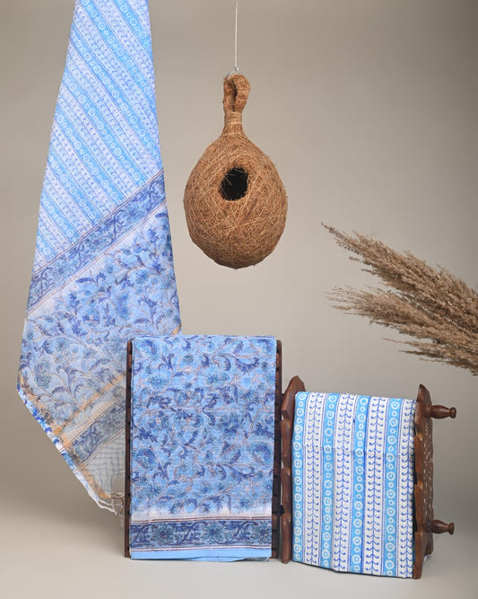 BLUE - 3pc Sanganeri Block Printed Cotton Unstitched Suit Material with Kota Doria Dupatta