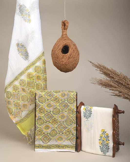 GREEN - 3pc Sanganeri Block Printed Cotton Unstitched Suit Material with Kota Doria Dupatta