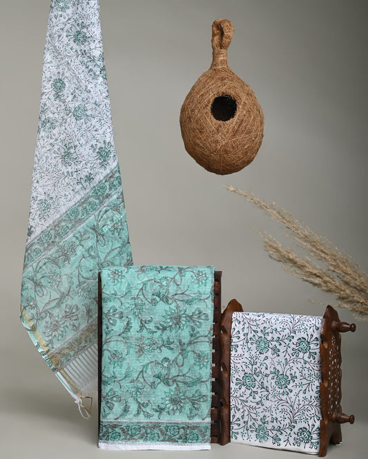 BLUE - 3pc Sanganeri Block Printed Cotton Unstitched Suit Material with Kota Doria Dupatta