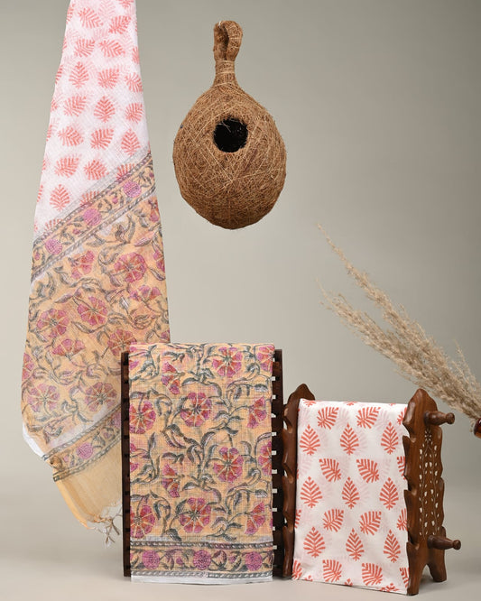 PEACH - 3pc Sanganeri Block Printed Cotton Unstitched Suit Material with Kota Doria Dupatta