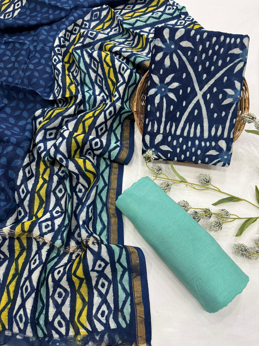 RAHA  - 3pc Chanderi Silk Bagru Print Unstitched Dress Material