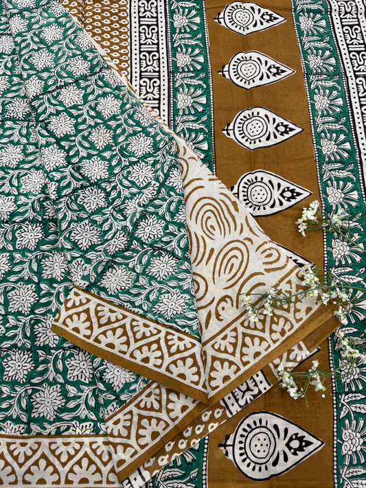 DUSTY GREEN RUST BAGRU HANDBLOCK PRINTED SAREE