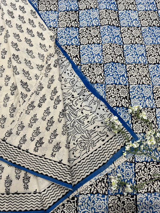 CREAM BLACK BAGRU HANDBLOCK PRINTED SAREE