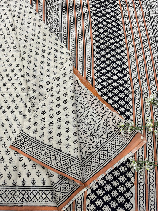 OFFWHITE BLACK BAGRU HANDBLOCK PRINTED SAREE