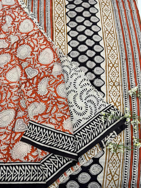 RUST BLACK BAGRU HANDBLOCK PRINTED SAREE