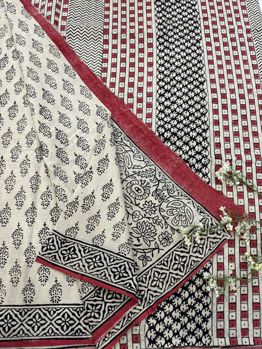 OFFWHITE MARON BAGRU HANDBLOCK PRINTED SAREE