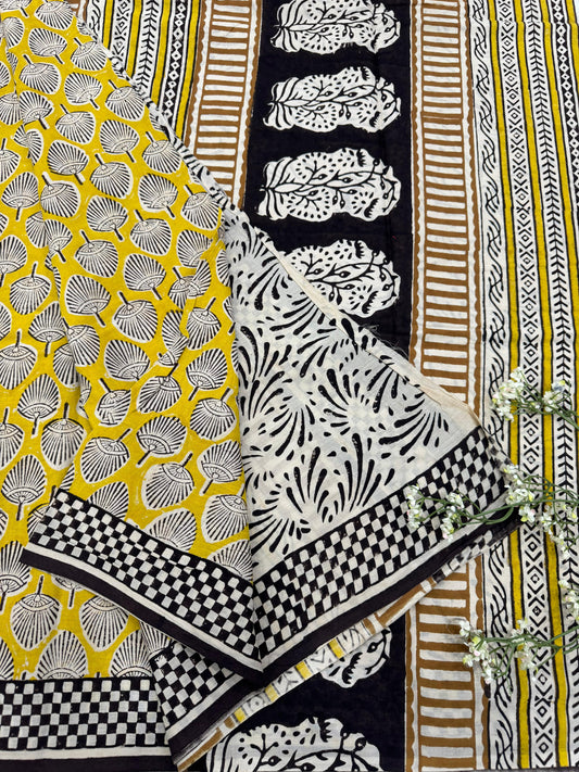 YELLOW BLACK BAGRU HANDBLOCK PRINTED SAREE