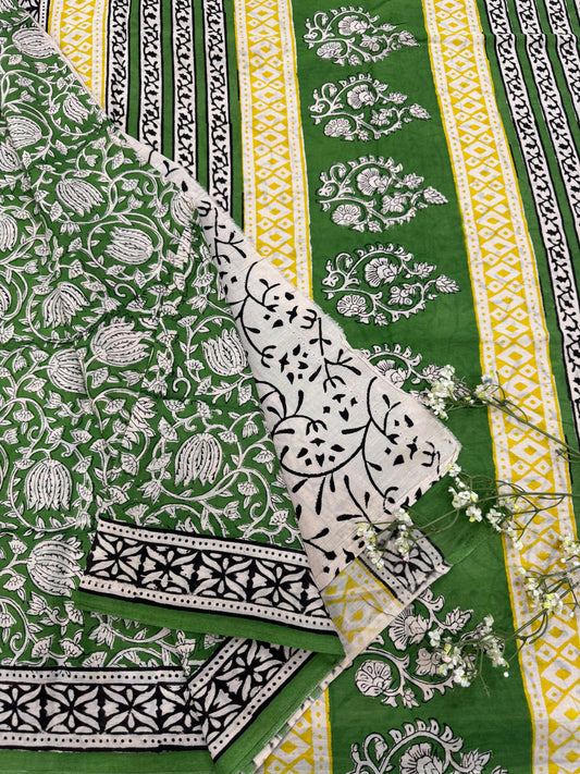 FOREST GREEN BAGRU HANDBLOCK PRINTED SAREE