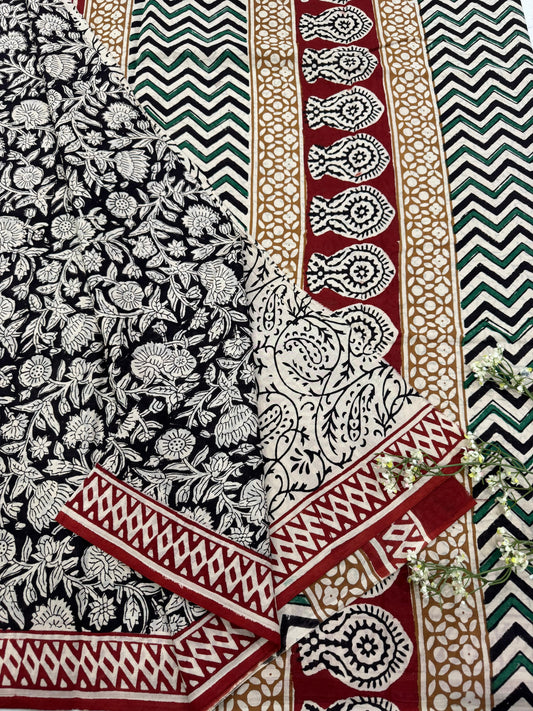 FLORAL BLACK BAGRU HANDBLOCK PRINTED SAREE