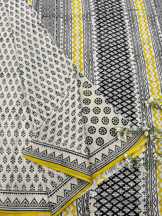 OFFWHITE HANDBLOCK PRINTED SAREE