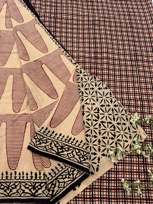 CREAM BAGRU HANDBLOCK PRINTED SAREE