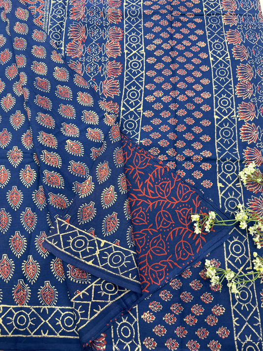 BLUE MAROON BAGRU HANDBLOCK PRINTED SAREE
