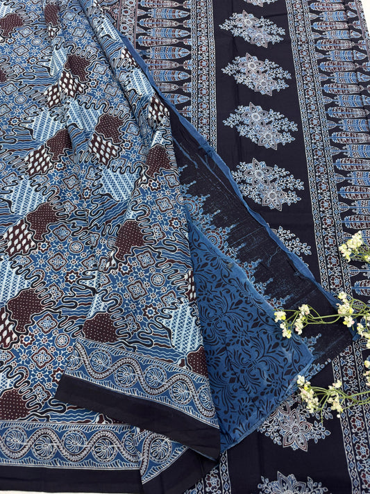 INDIGO BLUE BAGRU HANDBLOCK PRINTED SAREE
