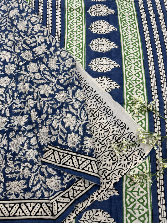 BLUISH GREEN BAGRU HANDBLOCK PRINTED SAREE