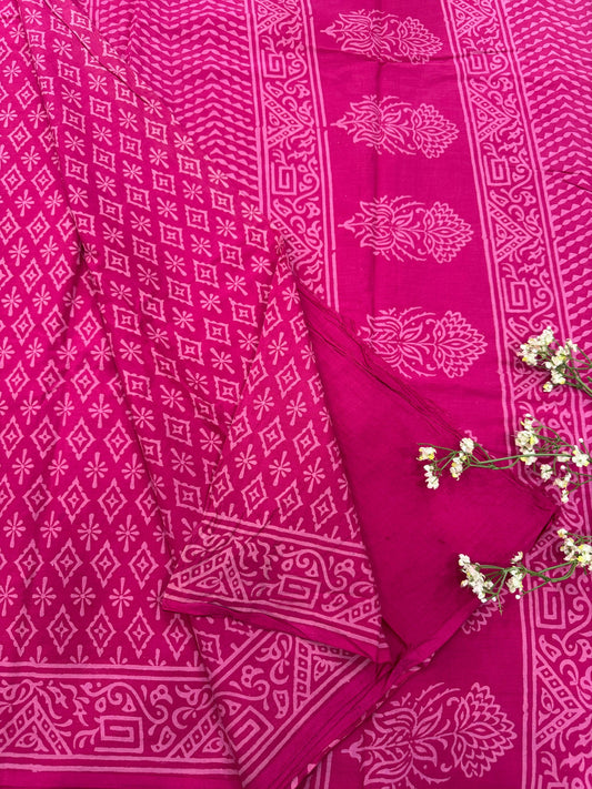 FUSCHIA BAGRU HANDBLOCK PRINTED SAREE