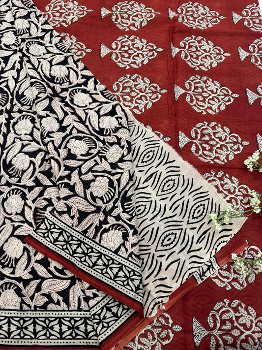 RED MARON BAGRU HANDBLOCK PRINTED FABRIC
