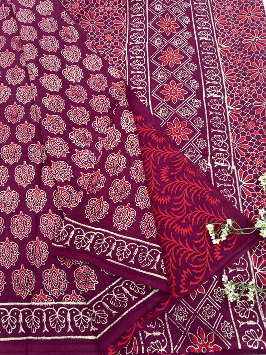 MAROON BAGRU HANDBLOCK PRINTED SAREE