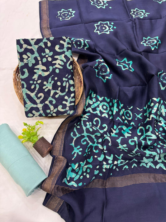 DHWANI - 3pc Maheshwari Silk Unstitched Bagru Print Dress Material